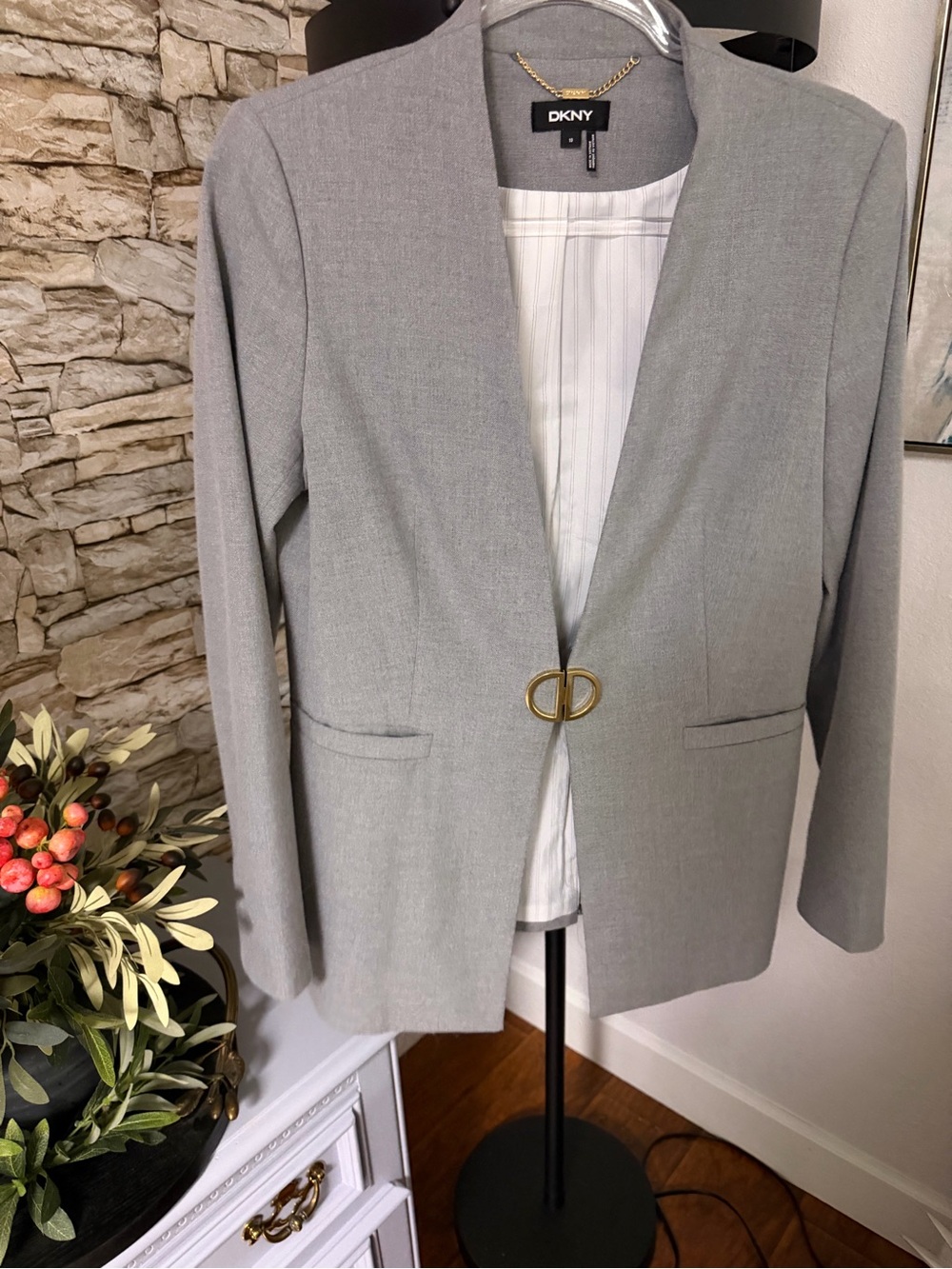 DKNY Light Gray Open-Front Blazer with Gold Clasp